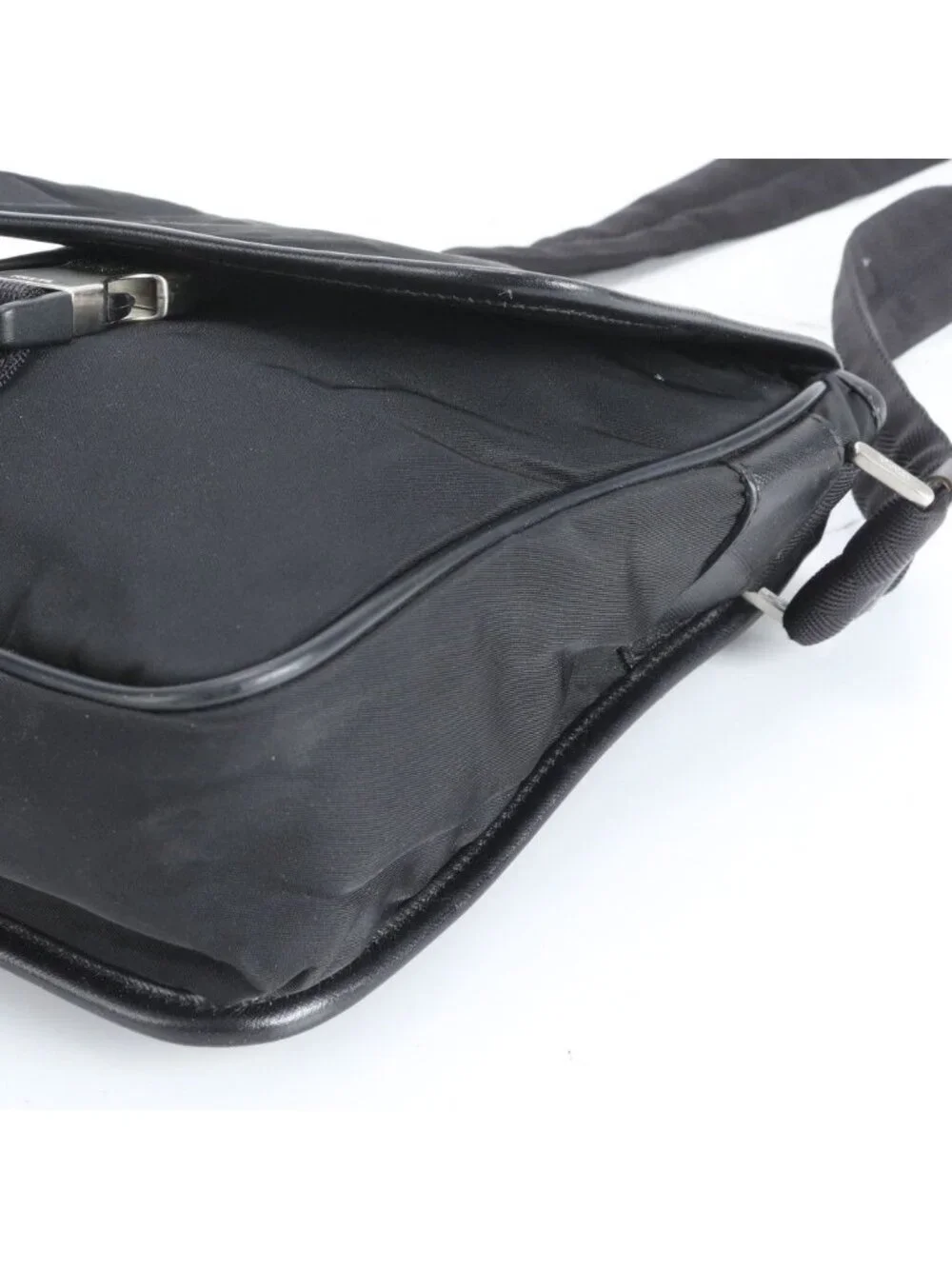 Prada Tessuto Nylon Triangle Logo Leather Shoulder Bag Crossbody Messenger Black